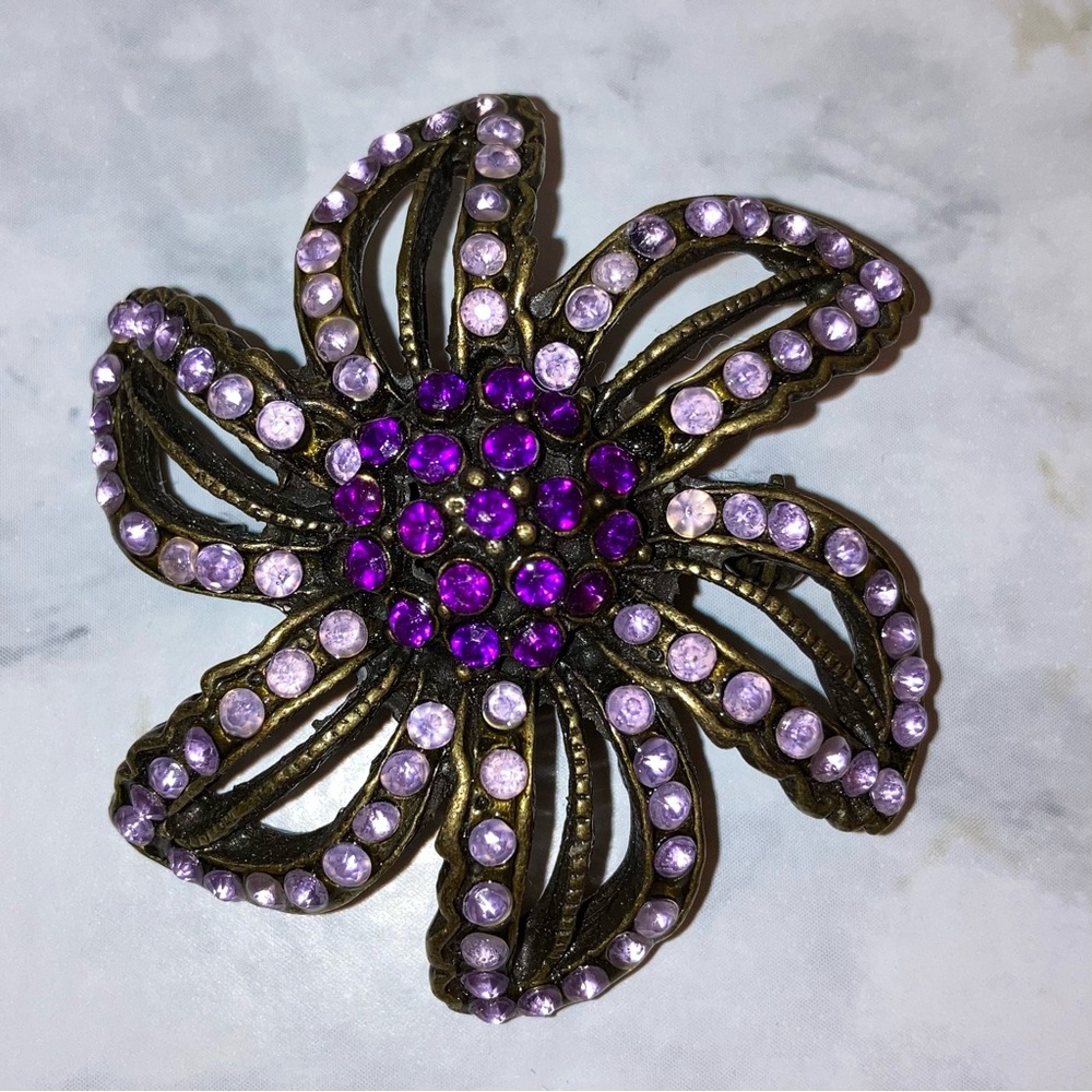 Vintage Floral Brooch Purple Gold Spring Flower Pendant Pin Art Deco Jewelry